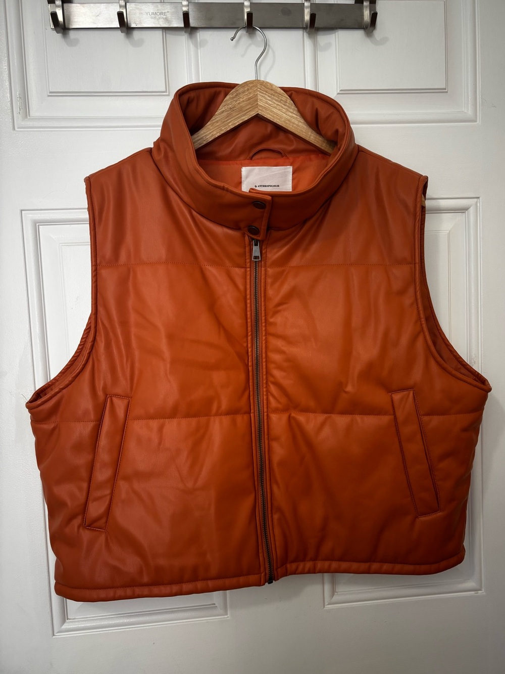 Anthropologie faux leather quilted puffer vest XL camel autumn fall funnel neck